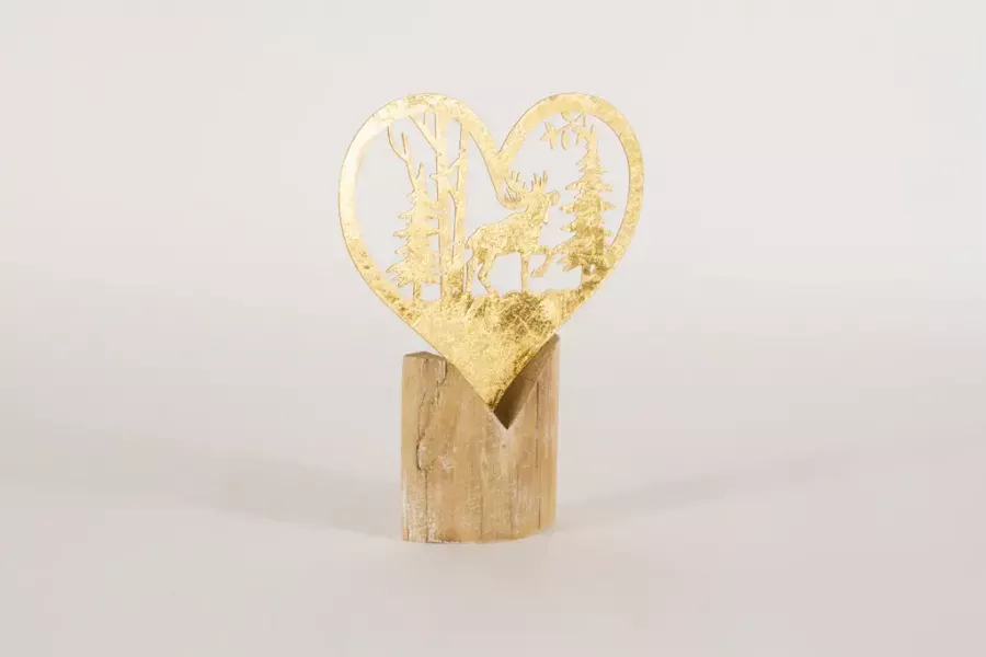 Preview: Elegante Weihnachtsdeko: Winterwald aus Metall auf Holzständer mit Hirsch in verschneiter Landschaft