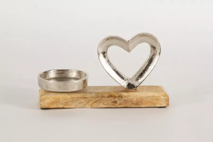 Preview: Kerzenhalter Herz aus Metall und Mangoholz – elegante Wohnraumdekoration