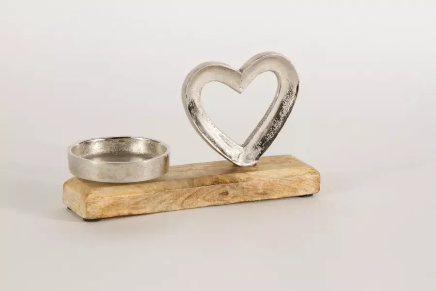 Preview: Kerzenhalter Herz aus Metall und Mangoholz – elegante Wohnraumdekoration