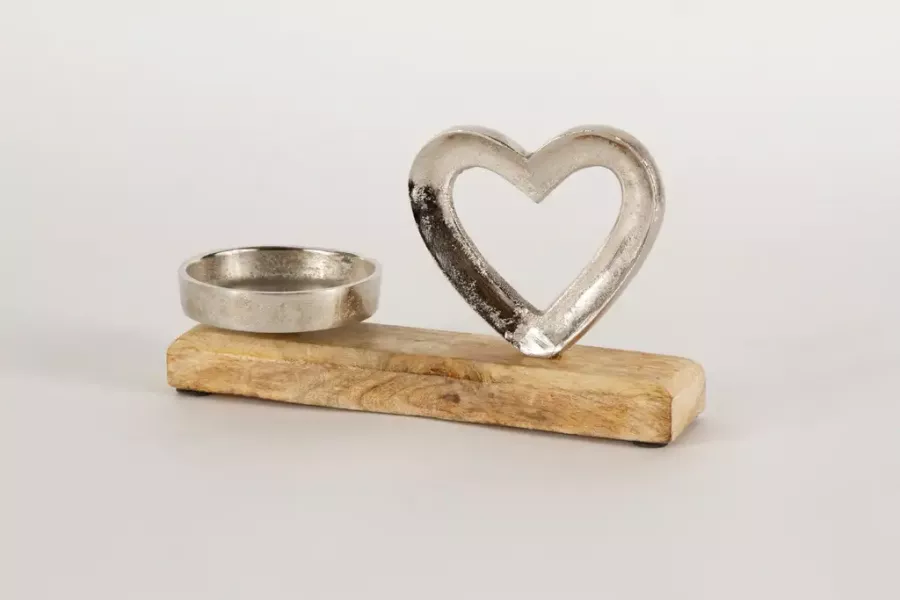Preview: Kerzenhalter Herz aus Metall und Mangoholz – elegante Wohnraumdekoration