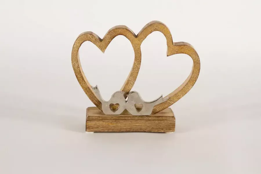 Preview: Doppelherz aus Holz mit Metall Vogel – romantische Dekofigur für Zuhause