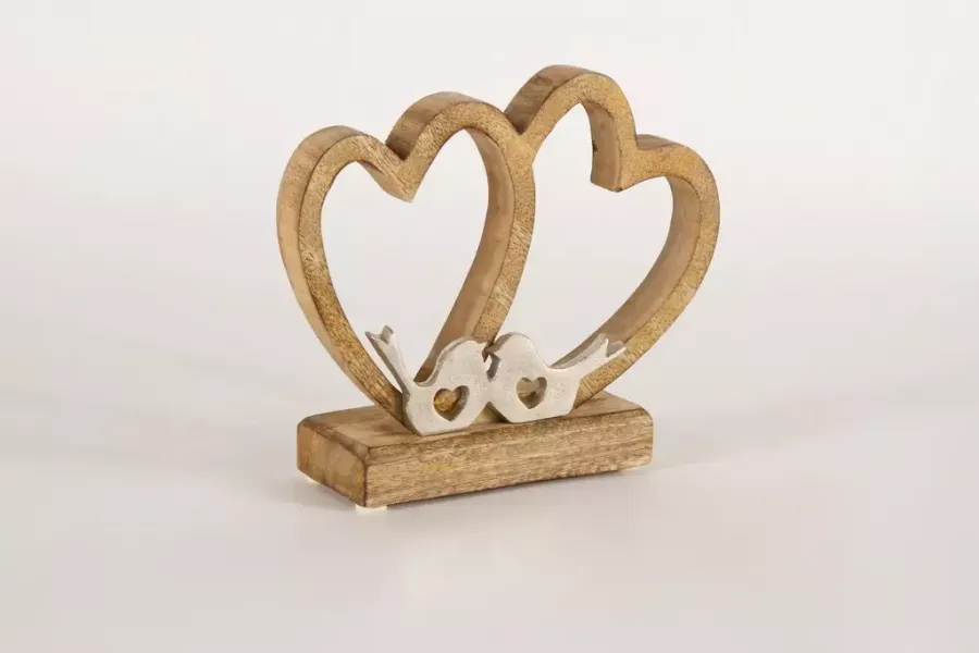 Preview: Doppelherz aus Holz mit Metall Vogel – romantische Dekofigur für Zuhause