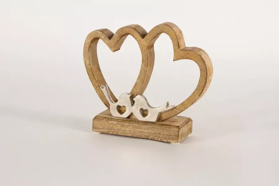Preview: Doppelherz aus Holz mit Metall Vogel – romantische Dekofigur für Zuhause