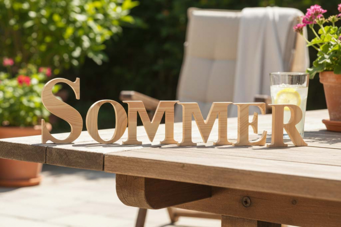 Dekorativer Schriftzug Sommer aus Holz für Terrasse
