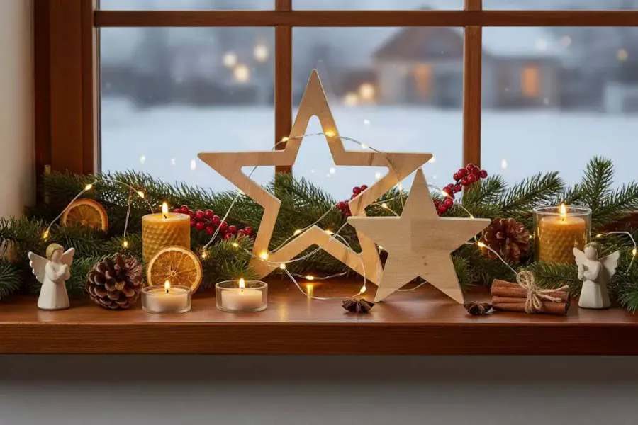 Zwei Holzsterne aus Buche – stilvolle Tischdekoration für Weihnachten