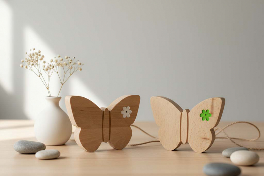 Preview: Dekorativer Schmetterling aus Buchenholz mit Blumen-Gravur – perfekte Geschenkidee für Frühlingsfreunde.