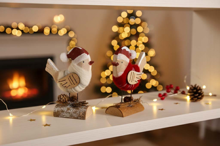 Preview: Weihnachtsvogel auf Baumstamm in rot – charmante Dekofigur aus Holz