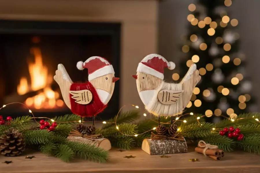 Weihnachtsvogel auf Baumstamm in rot – charmante Dekofigur aus Holz