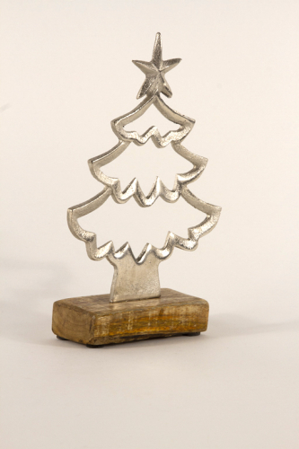 Tannenbaum aus Metall Silber auf Holzsockel