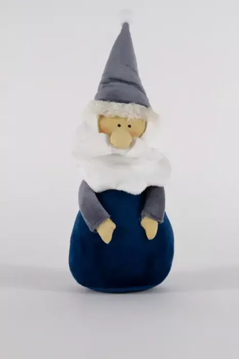 Preview: Nikolaus aus Textil in Blau/Grau – handgefertigte Weihnachtsdekoration für Tisch oder Regal
