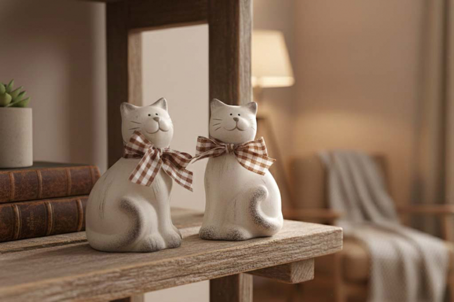 Preview: Zwei Katzenfiguren aus Ton in Grau und Braun – stilvolle Deko für Ihr Zuhause.