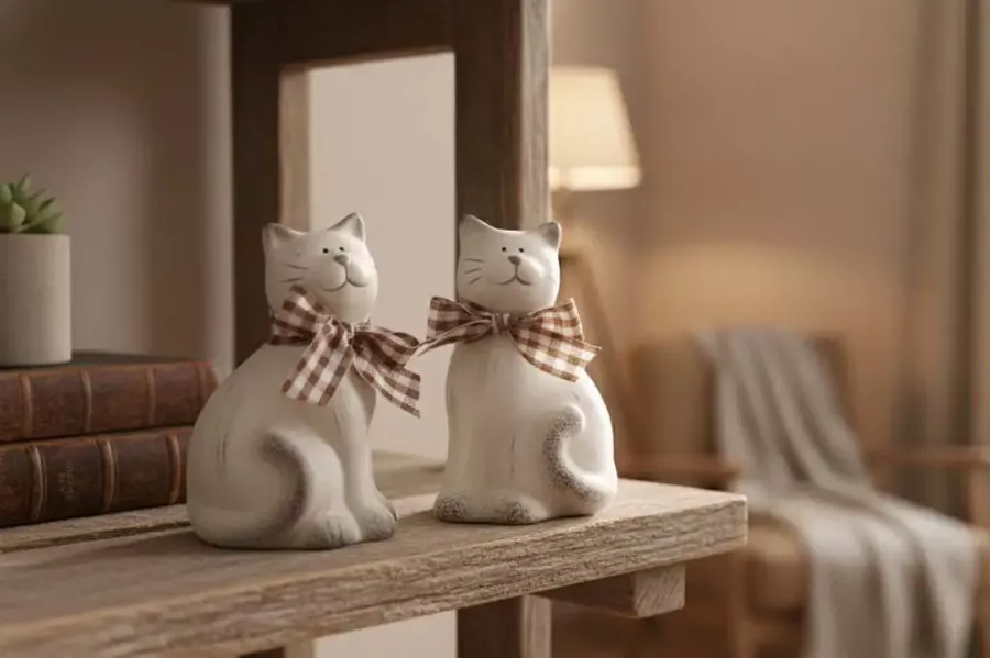 Zwei Katzenfiguren aus Ton in Grau und Braun – stilvolle Deko für Ihr Zuhause.