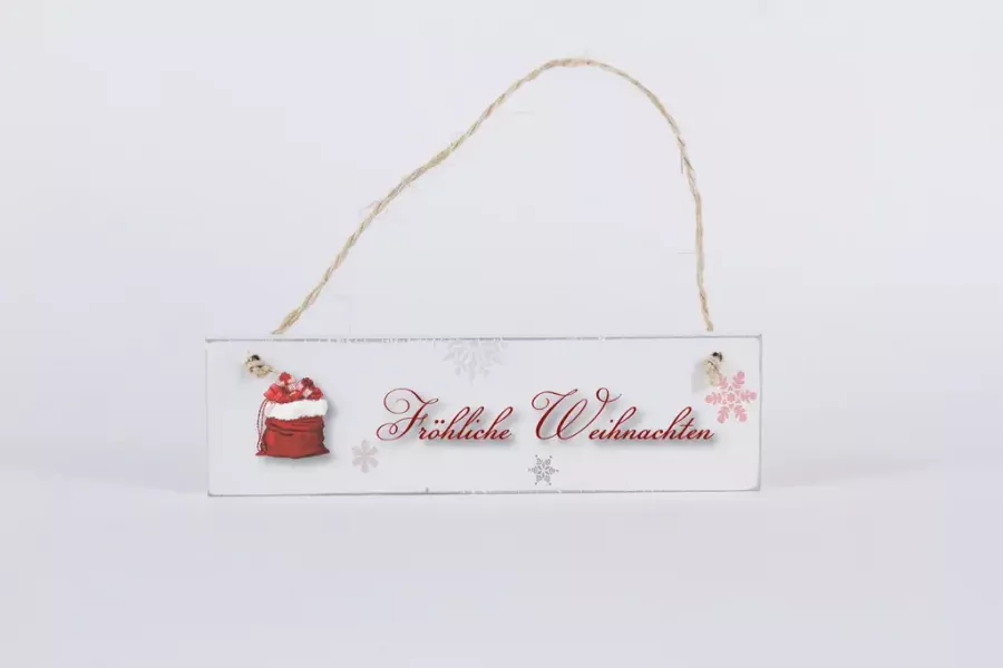 Preview: Deko-Schild mit Aufschrift Fröhliche Weihnachten – rustikale Holzdeko im Vintage-Stil mit Juteband zum Aufhängen