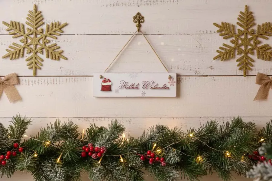 Deko-Schild mit Aufschrift Fröhliche Weihnachten – rustikale Holzdeko im Vintage-Stil mit Juteband zum Aufhängen