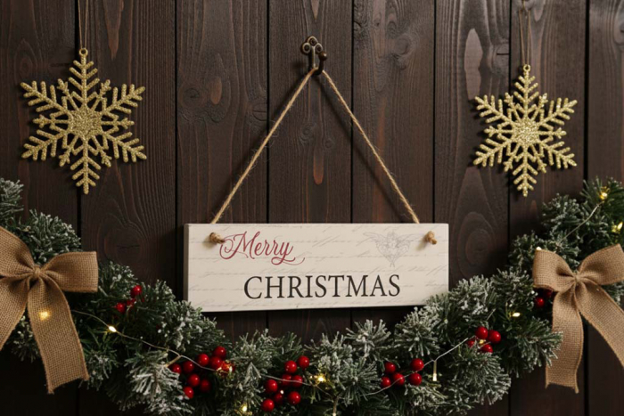 Handgefertigtes Holz‑Deko‑Schild Merry Christmas Vintage weiß‑rot‑grau