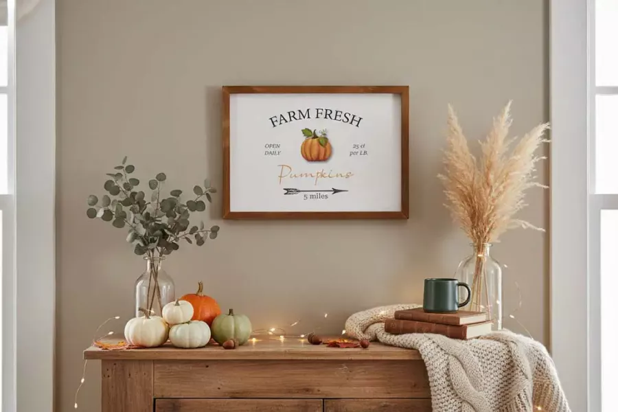 Wandbild aus Holz mit Farm Fresh Pumpkins Motiv – rustikale Herbst Kürbis Deko