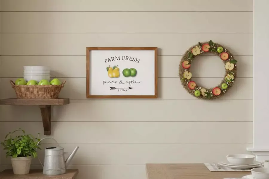 Wandbild aus Holz mit Farm Fresh Pears and Apples Motiv – rustikale Obst Wanddeko