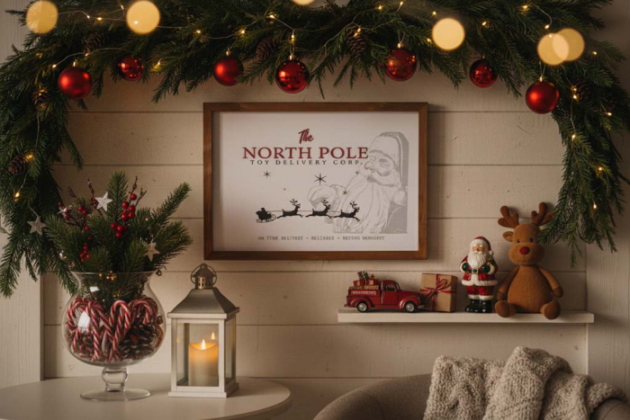 Wandbild aus Holz mit The North Pole Motiv – nostalgische Vintage Weihnachtsdeko