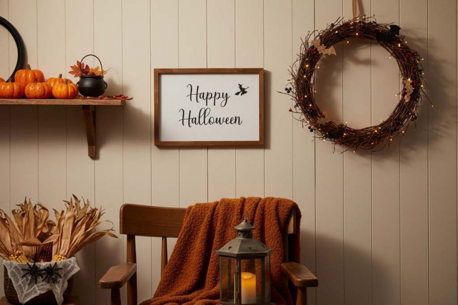Preview: Wandbild aus Holz mit Happy Halloween Motiv – herbstliche Wanddeko für Halloween-Party