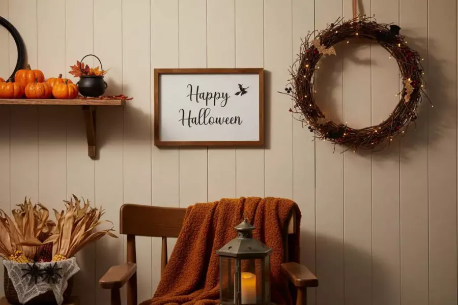 Wandbild aus Holz mit Happy Halloween Motiv – herbstliche Wanddeko für Halloween-Party
