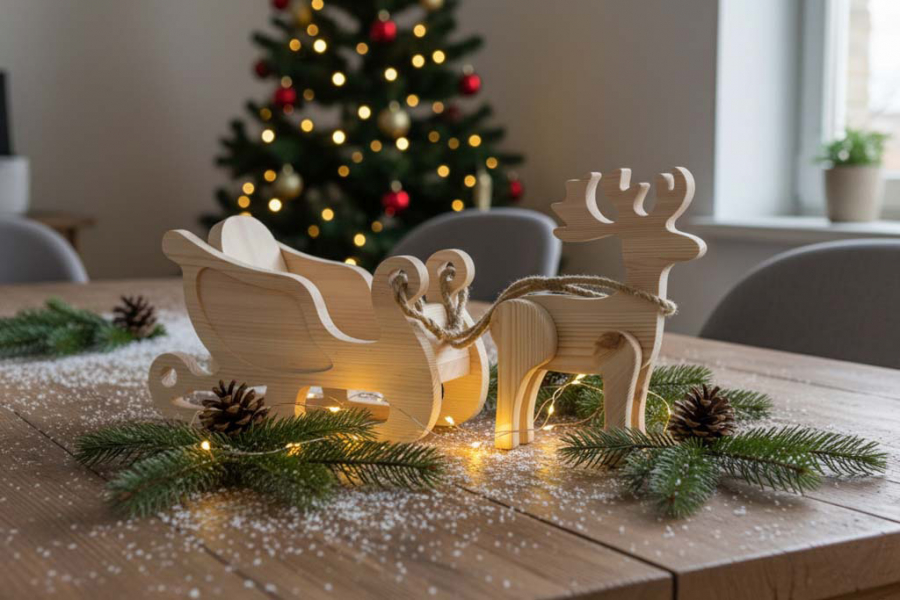 Preview: Schlitten aus unbehandeltem Kiefernholz mit Rentier – elegante Weihnachtsdekoration