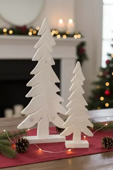 Weihnachtlicher Tannenbaum aus Holz in Weiß – stilvolle Tischdeko