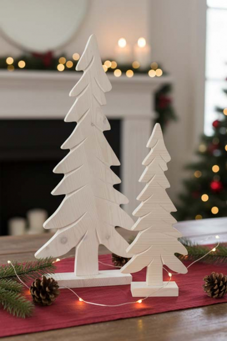 Weihnachtlicher Tannenbaum aus Holz in Weiß – stilvolle Tischdeko