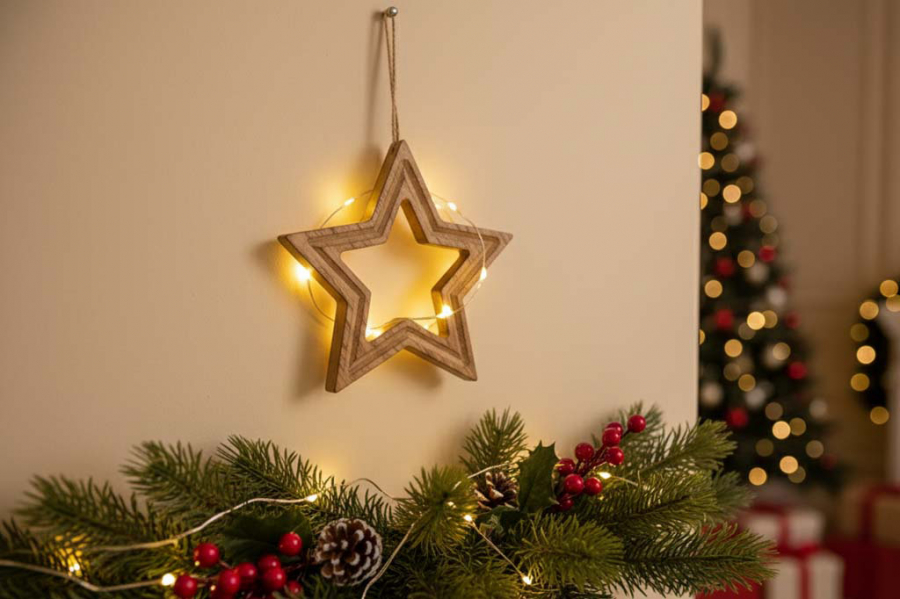 Preview: Stern aus Kiefernholz – 18 cm große rustikale Weihnachtsdeko mit Sisalband zum Aufhängen