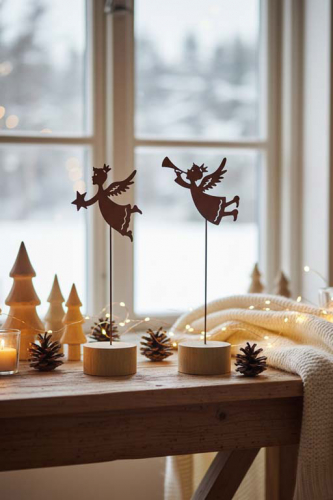 Engel aus Metall auf Holzsockel – Rostoptik Weihnachtsdeko