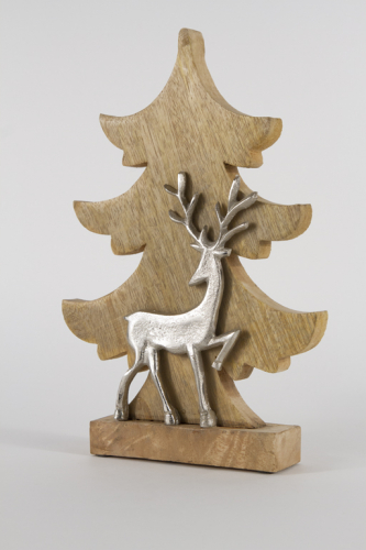 Tannenbaum aus Holz mit Hirsch aus Metall
