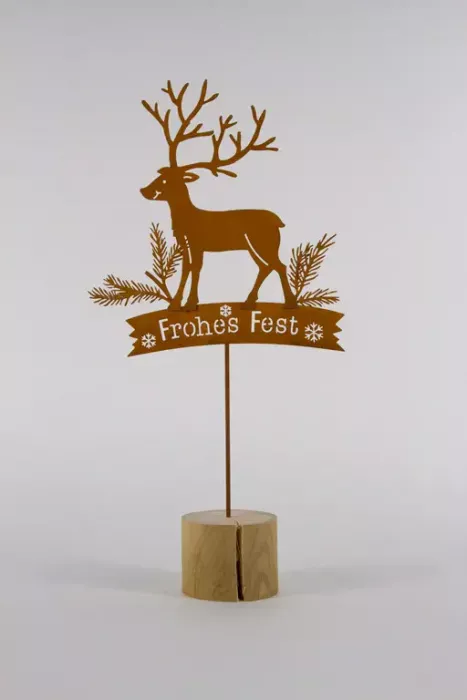 Preview: Hirsch aus Metall auf Holzsockel – Frohes Fest Rost Deko