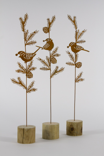 Wintervogel auf Zweig aus Metall auf Holz Edelrost 3er Set