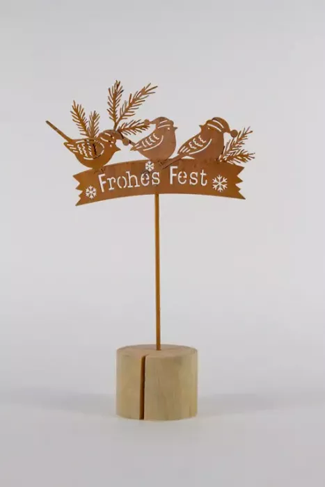 Preview: Dekorativer Wintervogel aus Metall mit Holzsockel – Weihnachtsdeko
