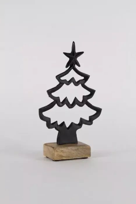 Preview: Minimalistischer Tannenbaum aus Metall auf Holzsockel für stilvolle Tischdeko
