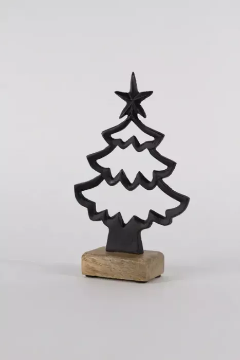 Preview: Weihnachtsbaum aus schwarzem Metall auf Holzsockel – moderne Deko für Ihr Zuhause