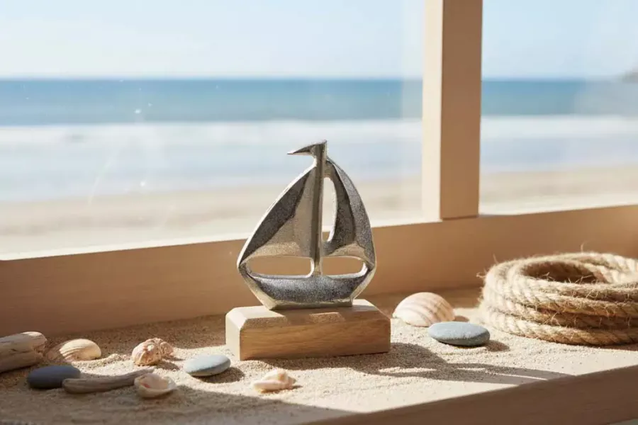 Maritimes Segelboot aus Metall auf Holzsockel – dekoratives Wohnaccessoire im maritimen Stil
