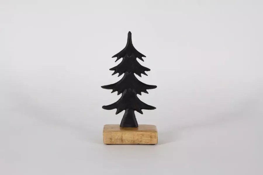 Preview: Tannenbaum aus schwarzem Metall auf Holzsockel – elegante Weihnachtsdekorationall schwarz auf Holzsockel 23 cm