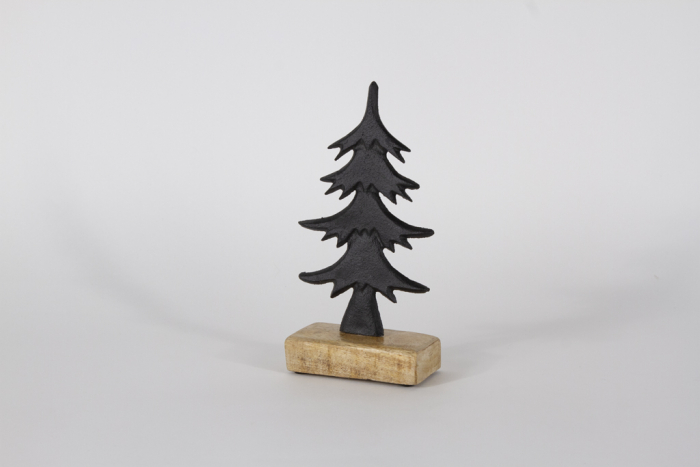 Tannenbaum aus Metall schwarz auf Holzsockel 23 cm