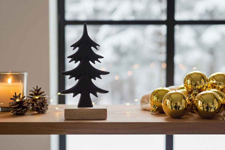 Preview: Tannenbaum aus schwarzem Metall auf Holzsockel – elegante Weihnachtsdekorationall schwarz auf Holzsockel 23 cm