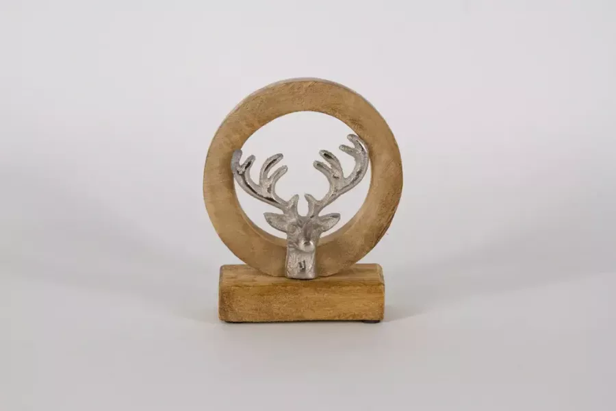 Preview: Hirschkopf aus Metall in Holzring – elegante Weihnachtsdekoration