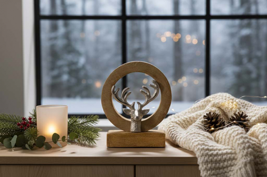 Preview: Hirschkopf aus Metall in Holzring – elegante Weihnachtsdekoration