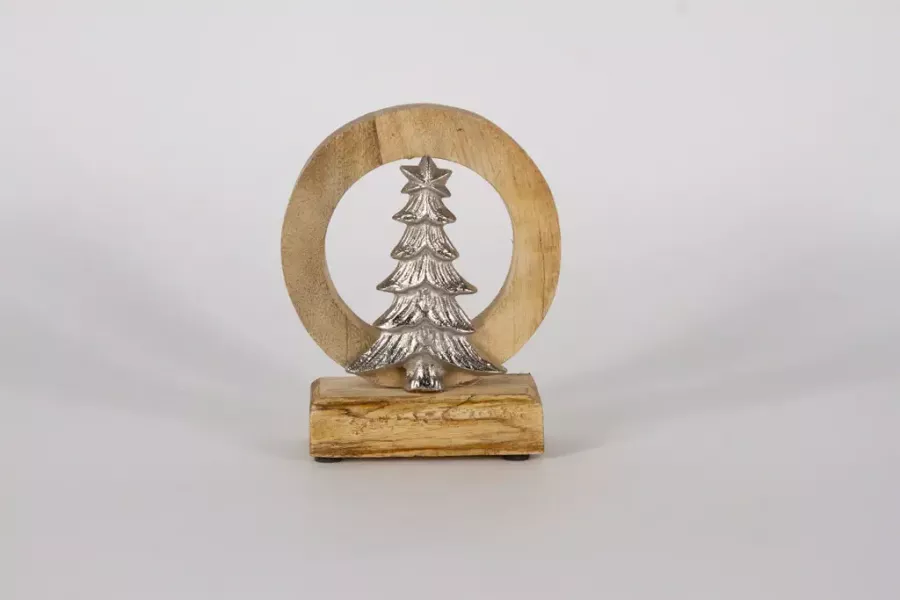 Preview: Tannenbaum aus Metall in Holzring – elegante Weihnachtsdekoration
