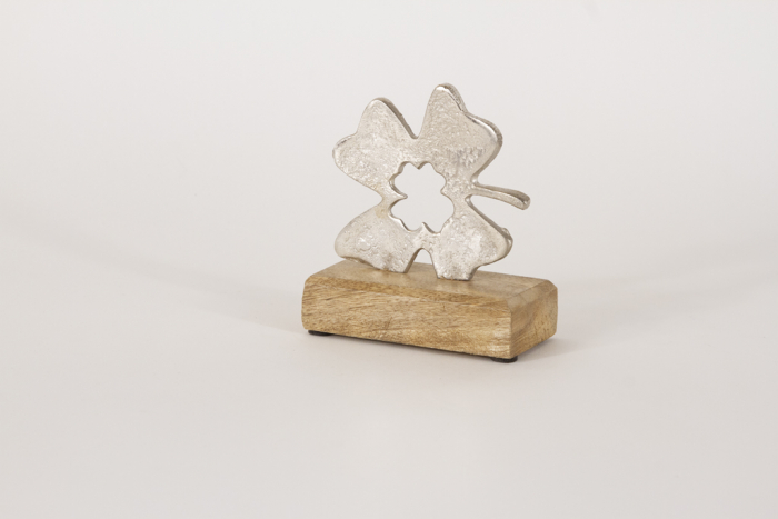 Kleeblatt aus Metall auf Holz Sockel - 13 cm
