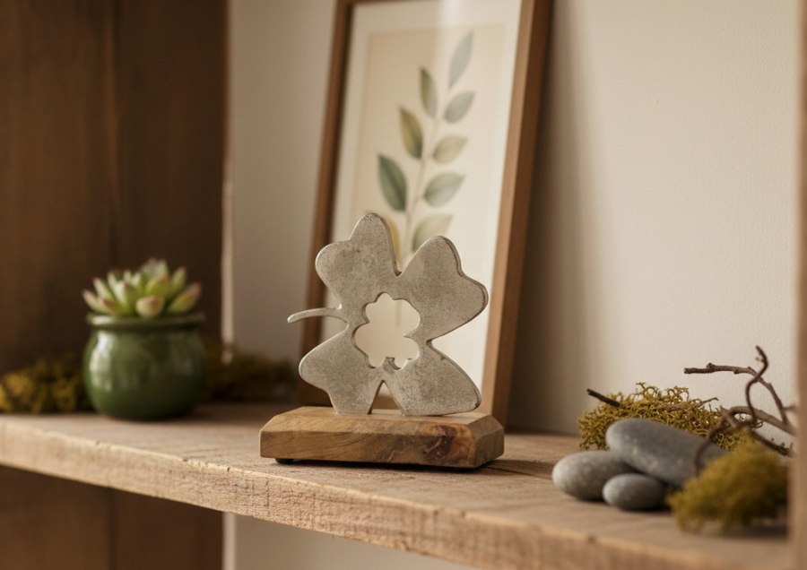 Preview: Kleeblatt aus Metall auf Holzsockel 13 cm – dekorativer Glücksbringer