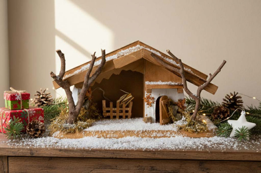 Preview: Krippenhaus aus Kiefernholz – 26 cm große Weihnachtskrippe, handgefertigt, festliche Dekoration für Ihr Zuhause