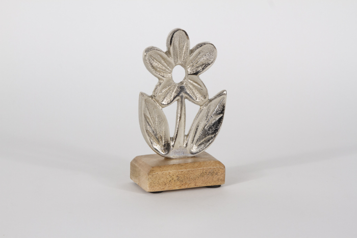 Blume aus Metall silber auf Holzsockel