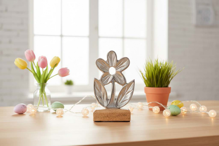 Preview: Silberne Metallblume auf Holzsockel – stilvolle Frühlingsdeko für Ihr Zuhause.
