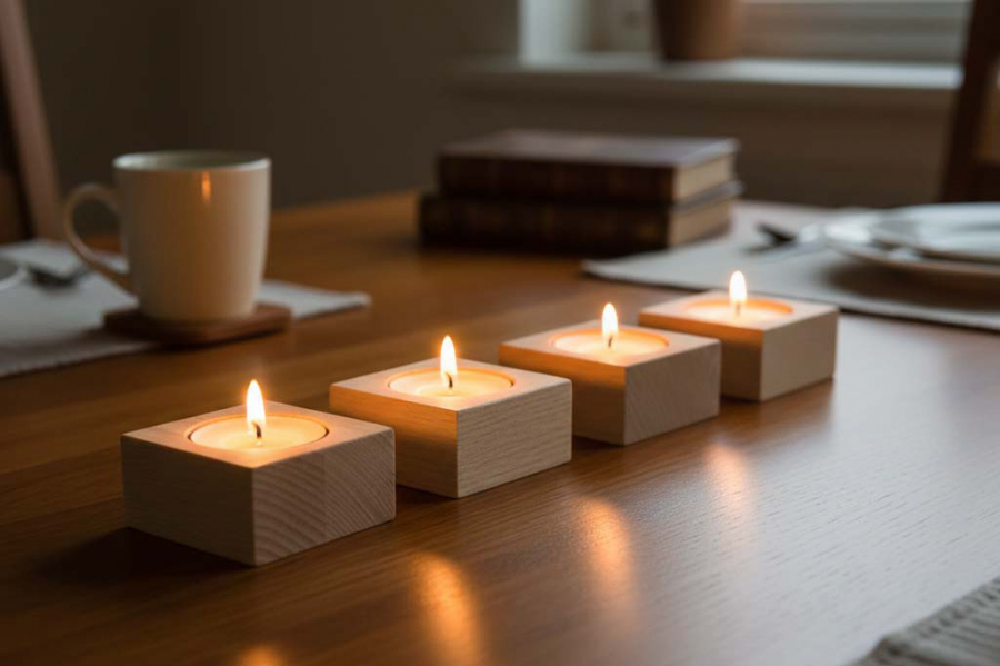 Preview: Rechteckiger Teelichthalter aus Buchenholz – stilvolle Naturdeko für dein Zuhause