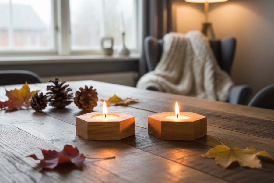 Preview: 2er Set sechseckiger Teelichthalter aus Buche – natürliche Holzdeko