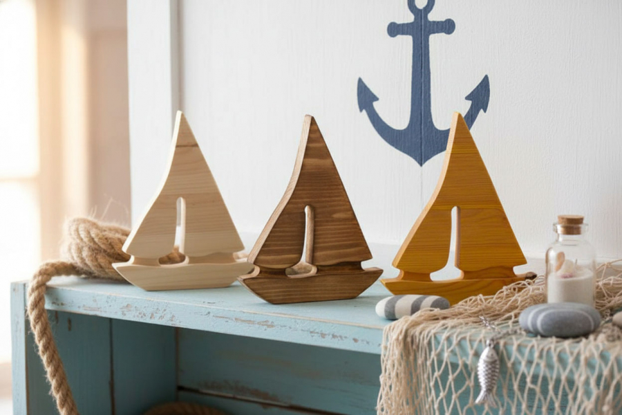 Preview: Segelboot aus Holz – maritime Dekoration für Wohnzimmer und Kinderzimmer